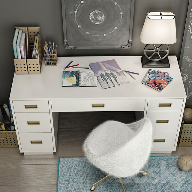 WRIGHTED TABLE Restoration Hardware. AVALON WITH WAXED WHITE STORAGE BOXES 3d