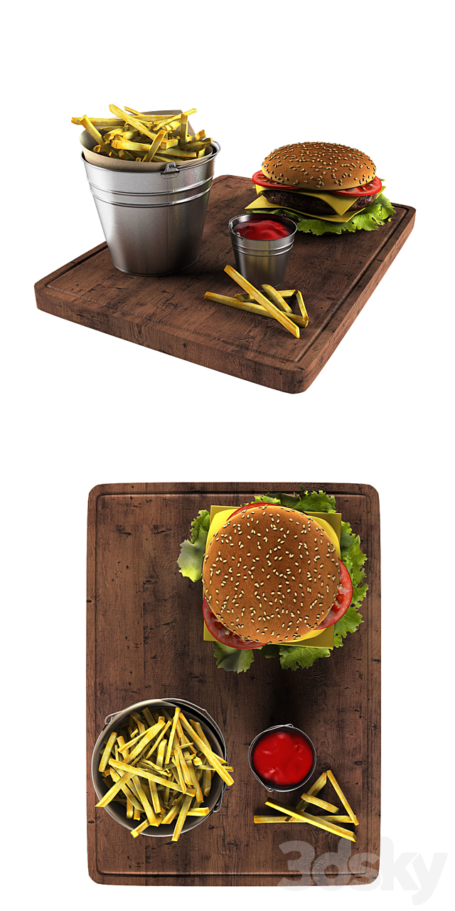 Hamburger and french fries in a bucket 3DSMax File - thumbnail 2