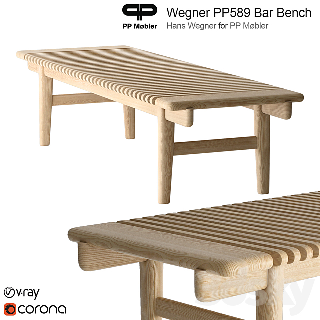 Hans Wegner PP Mobler 589 bar bench 3DSMax File - thumbnail 1