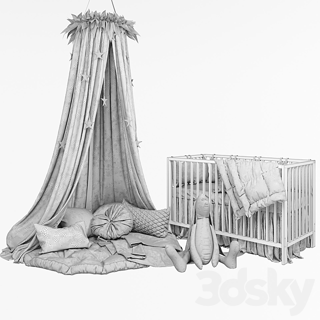 A cozy set for a children’s room with a canopy. a cot IKEA Gulliver and a fluffy rabbit. 3DSMax File - thumbnail 3