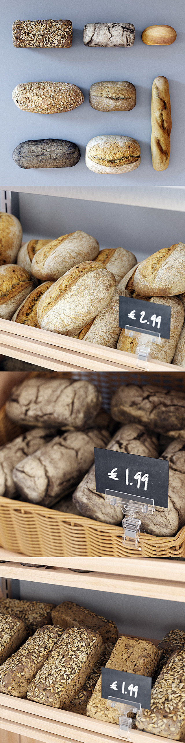 Shelvings with bread 3d