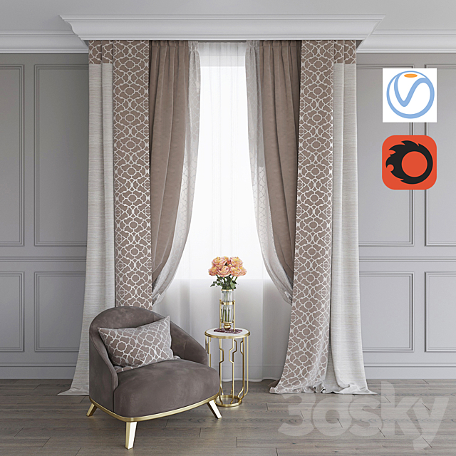 A curtain. an armchair and a table with roses (Vray + Corona)) 3DSMax File - thumbnail 1