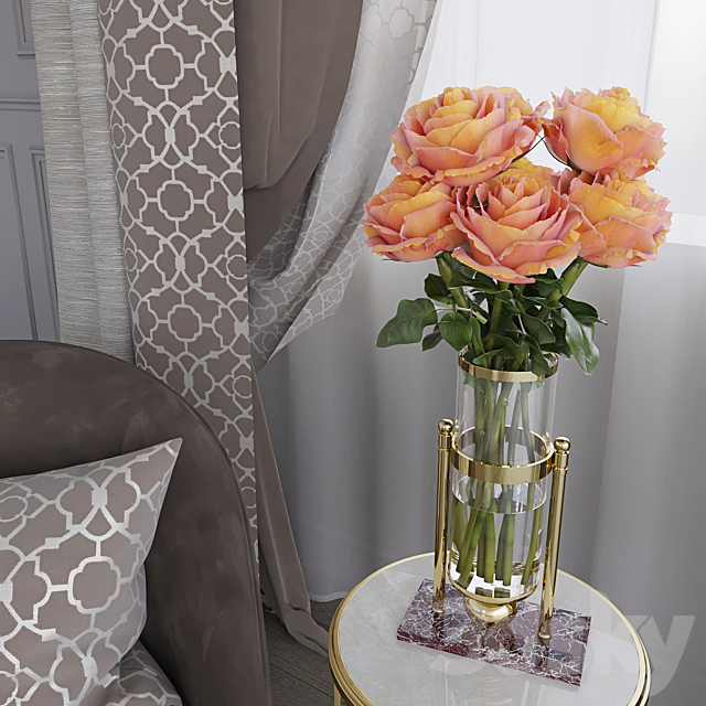 A curtain. an armchair and a table with roses (Vray + Corona)) 3DSMax File - thumbnail 2