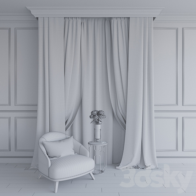 A curtain. an armchair and a table with roses (Vray + Corona)) 3DSMax File - thumbnail 3
