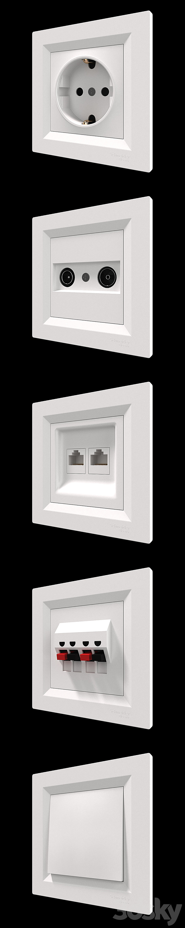 Sockets and switches Schneider Asfora White. 3d