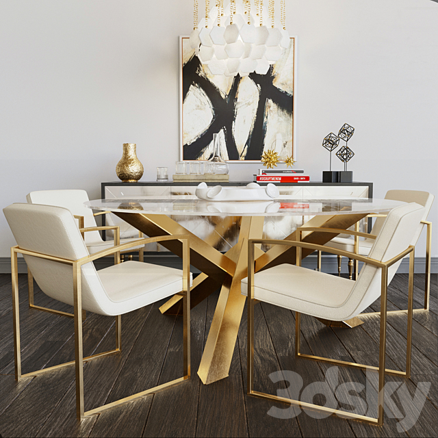 Luxury set of furniture. Collection of table and chairs with elements of gold and glass 3DSMax File - thumbnail 1