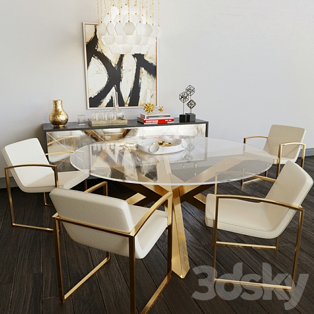 Luxury set of furniture. Collection of table and chairs with elements of gold and glass 3DSMax File - thumbnail 2