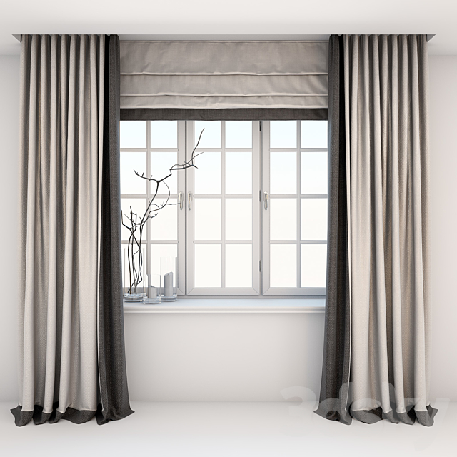 Direct two-color curtains in the floor and Roman curtains in a modern style with a window 3DSMax File - thumbnail 1