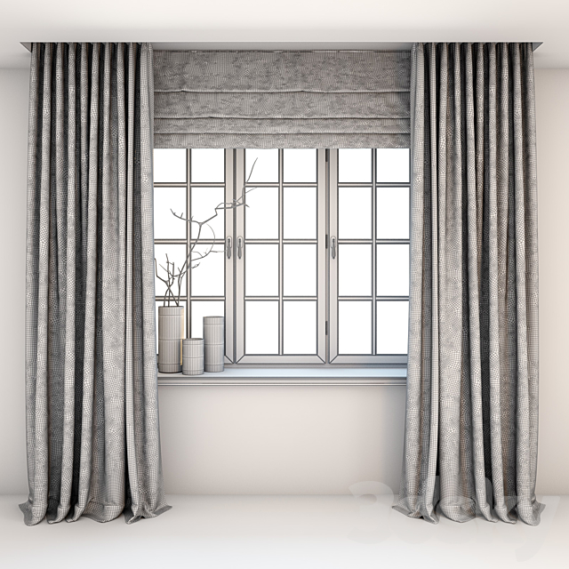 Direct two-color curtains in the floor and Roman curtains in a modern style with a window 3DSMax File - thumbnail 2