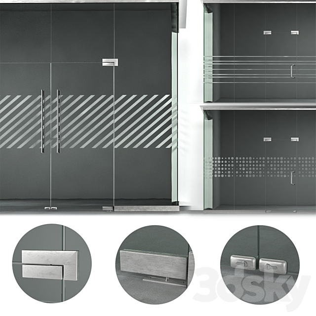 A set of glass partitions with sandblasting patterns. 3d