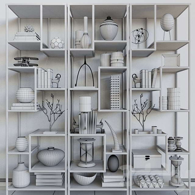 Rack with books. decor and vases 3d