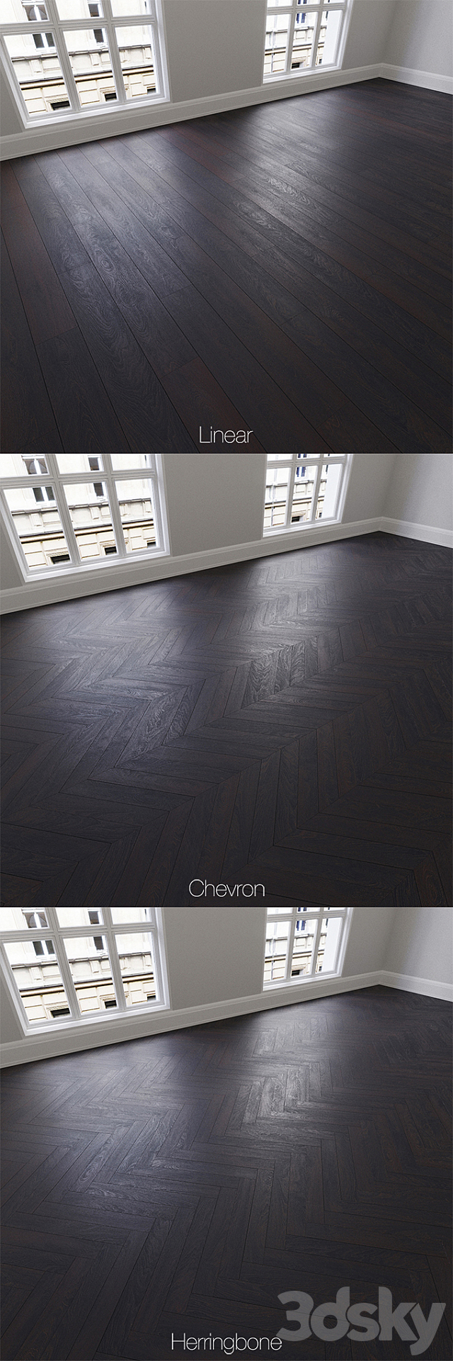 Parquet natural. colonial oak. 3 types. Linear. chevron. herringbone. 3d