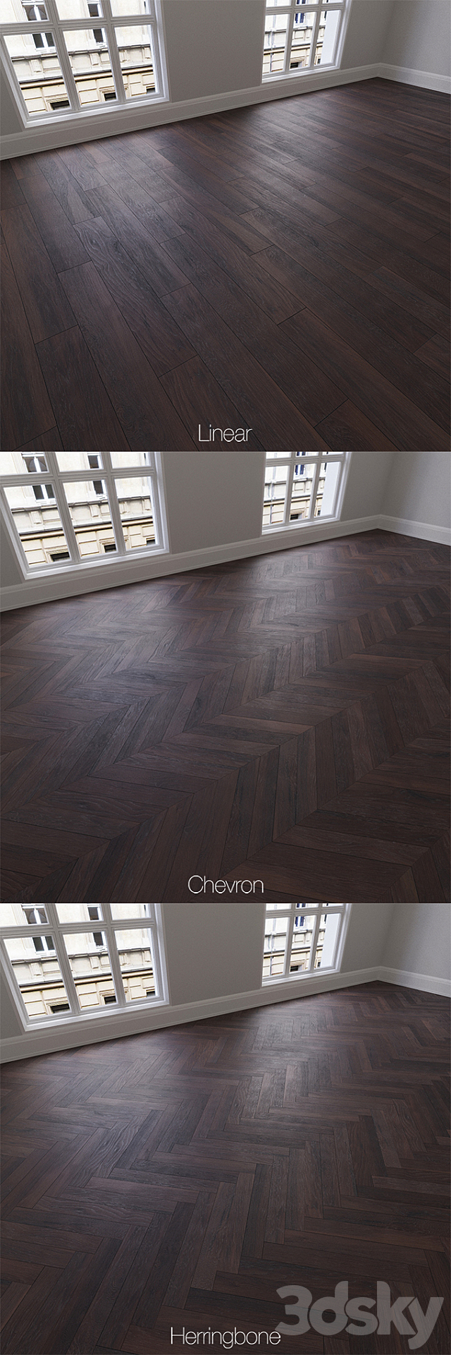 Parquet natural. oak Smoky mountains. 3 types. Linear. chevron. herringbone. 3d