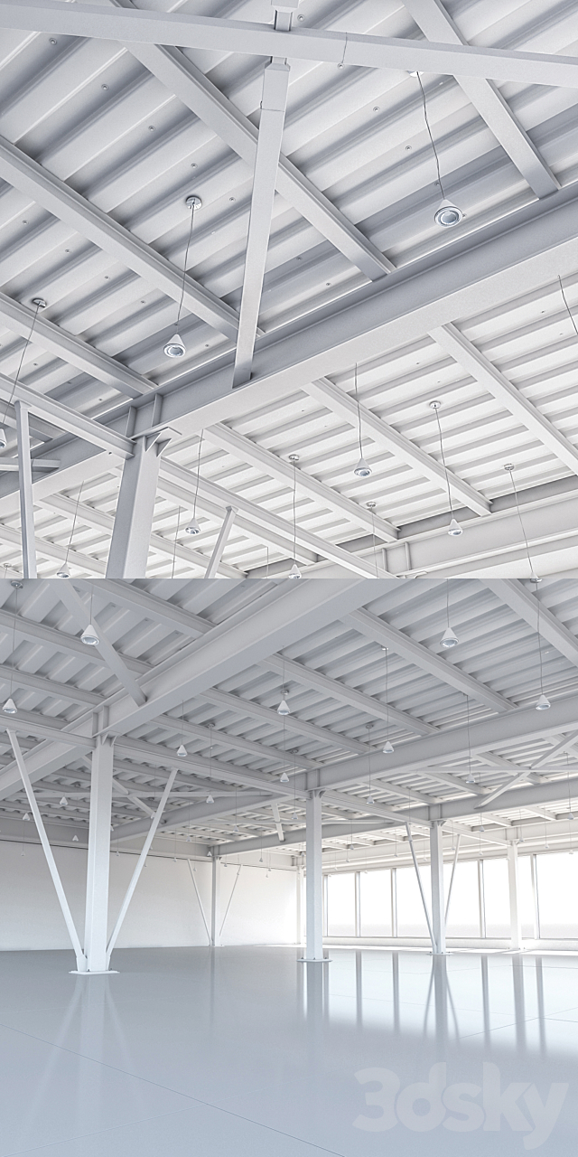 Beam system of metal ceiling with columns and lighting 3d