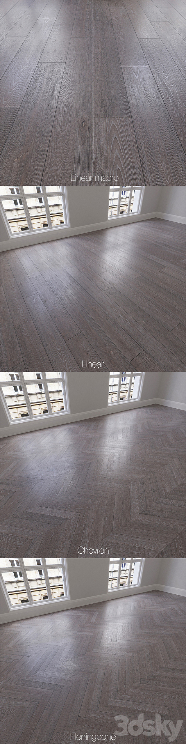 Parquet natural. oak Flint. 3 types. Linear. chevron. herringbone. 3d