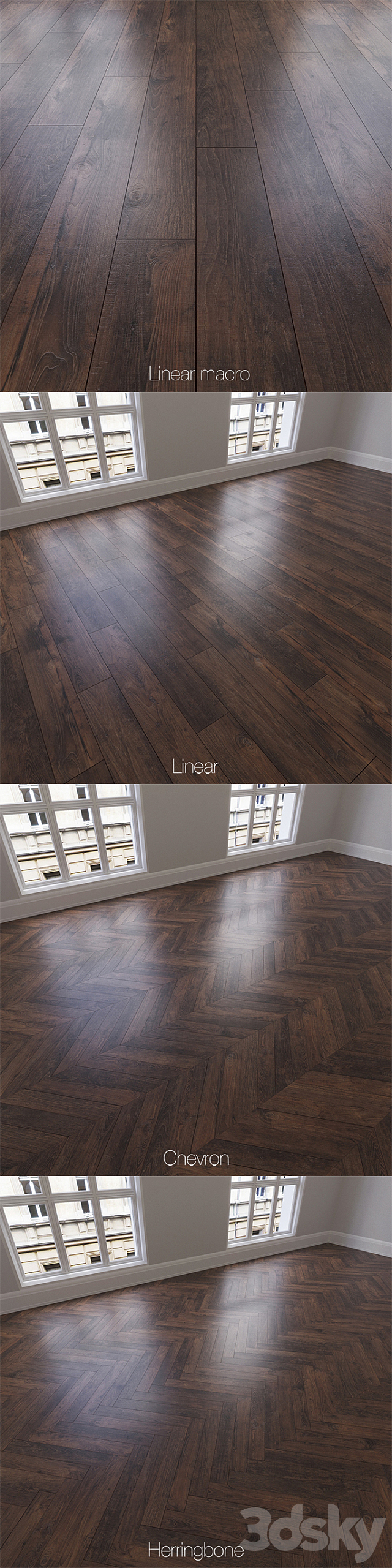 Parquet natural. oak Calypso. 3 types. Linear. chevron. herringbone. 3d