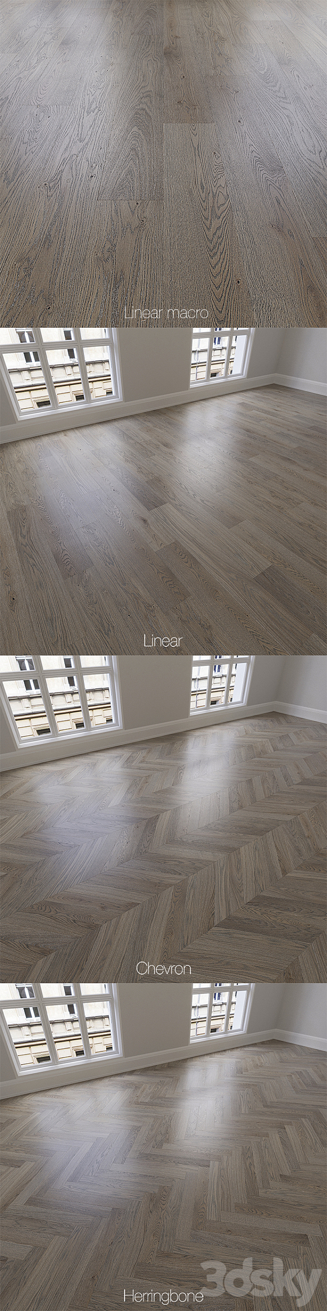 Parquet natural. oak Twilight. 3 types. Linear. chevron. herringbone. 3d