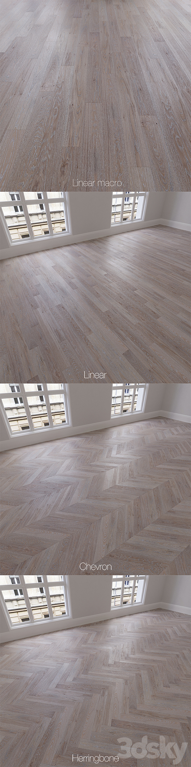 Parquet natural. oak Crystal. 3 types. Linear. chevron. herringbone. 3d