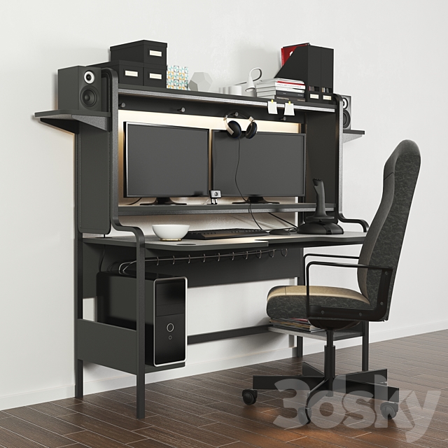 A set of office furniture in a minimalist style with a computer. Books. stationery 3d