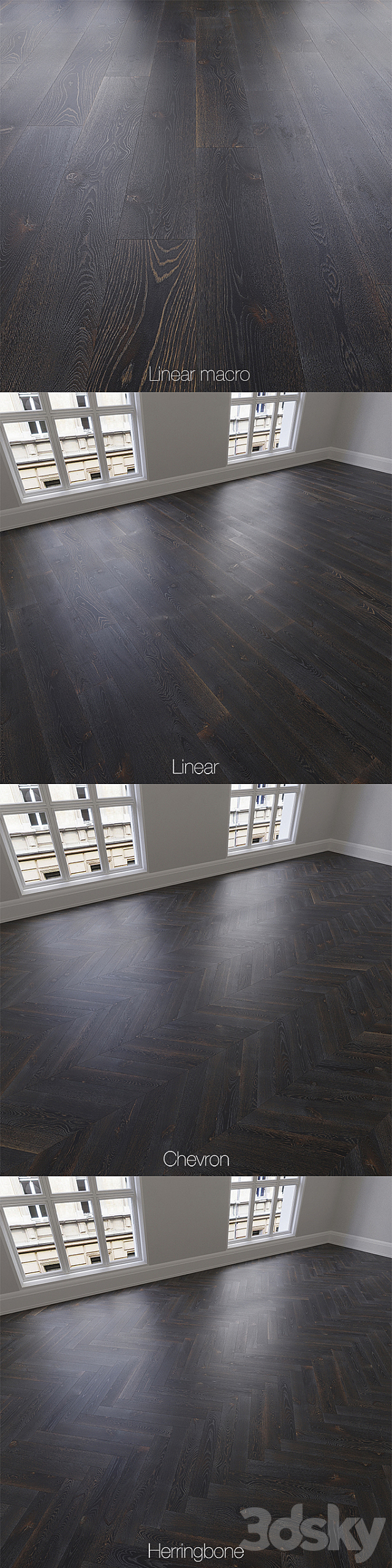 Parquet natural. oak Night. 3 types. Linear. chevron. herringbone. 3d