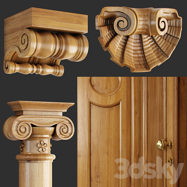 Classic wooden doors and carved elements 3d