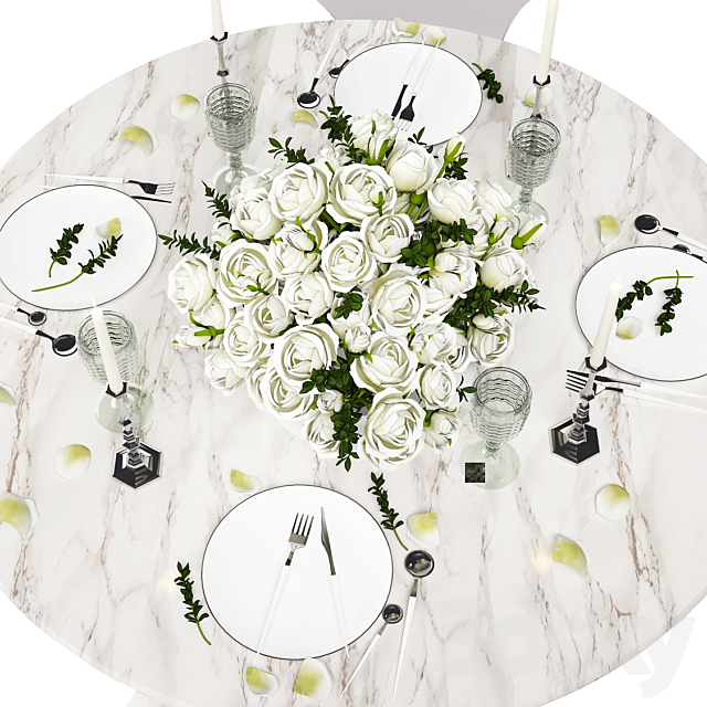 White set _ Babel chair by Marcel Wanders. table Eero Saarinen Style Tulip. serving. 3d