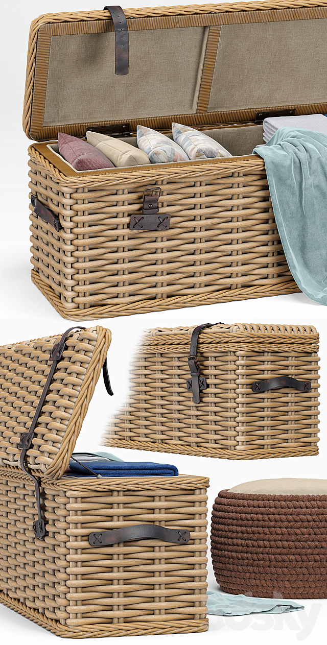 Brenna Leather Accent Woven Rattan Trunk. pouf 3d