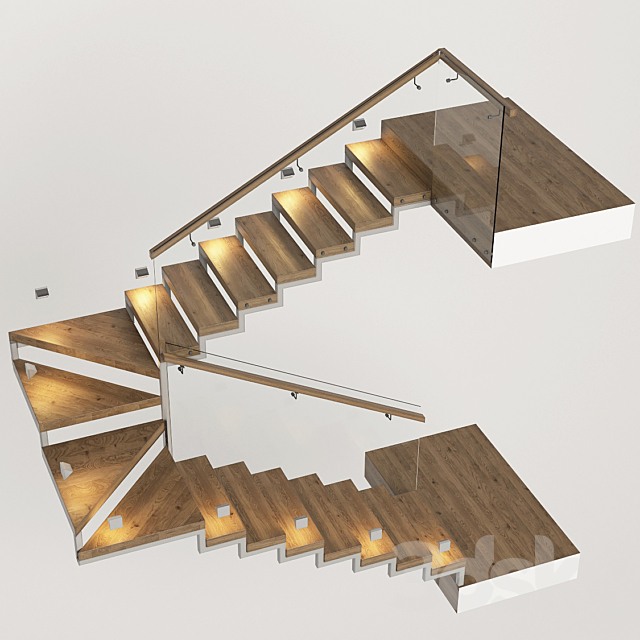 Stairs with a landing platform - made of wood. glass and metal with illumination PROFI LED IP44 3d