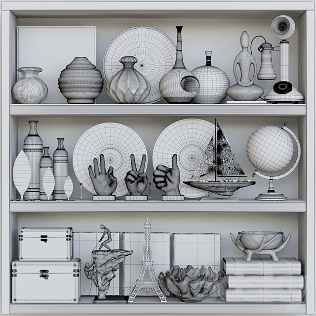 Wardrobe with a collection of vases. decor and figurines. Books 3d