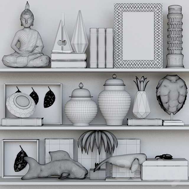 Shelf with a collection of decor. books and accessories to create coziness 3d
