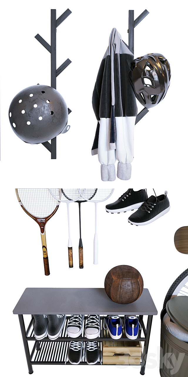 Storage of sports equipment in the hallway 3d