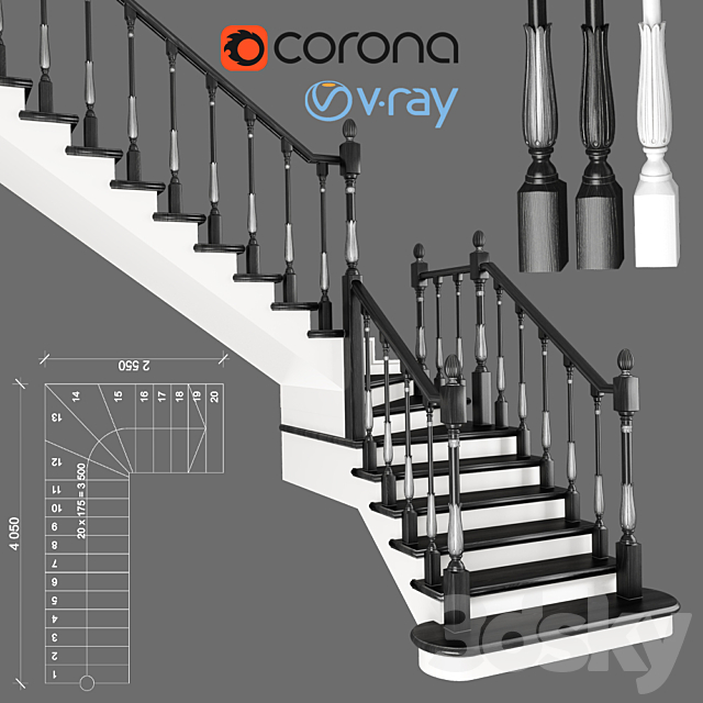 Corner staircase with zaubezhnymi steps. 3 colors 3DSMax File - thumbnail 1