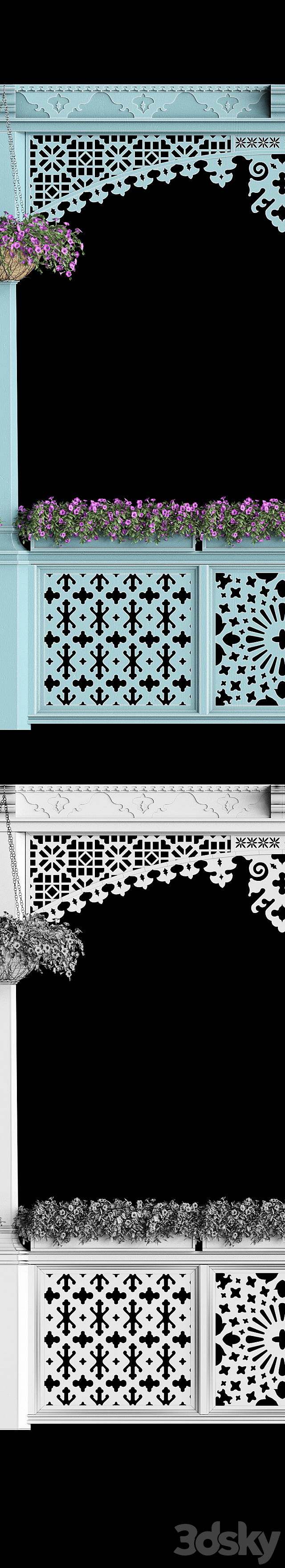 Georgian balcony with flowers 3d