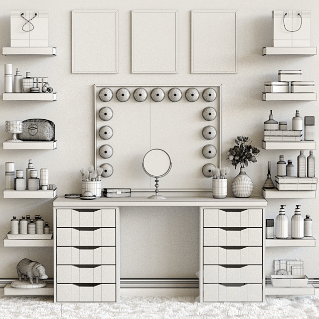 Dressing table and shelves with cosmetics. Makeup 3 3d