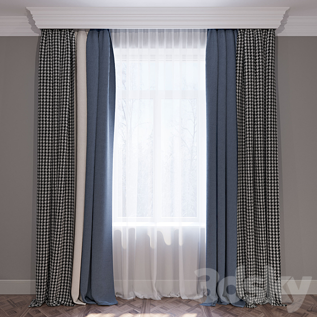 Curtains blue beige and houndstooth set of curtains 01 3DSMax File - thumbnail 1