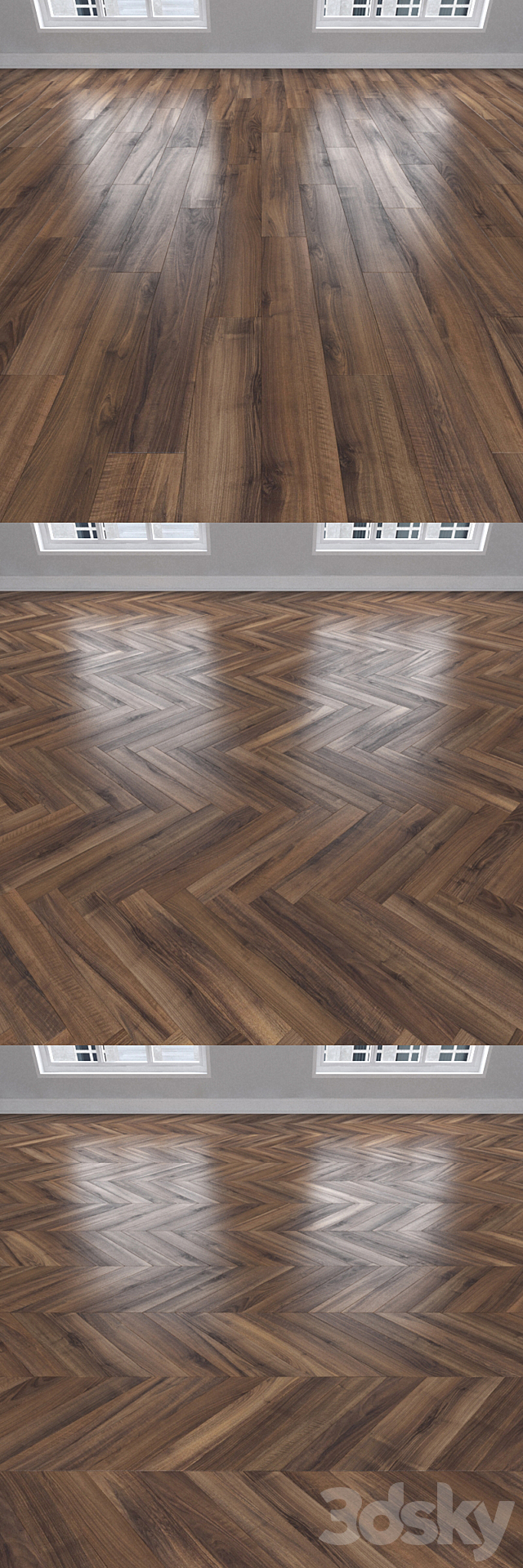 Parquet Italian walnut. 3 kinds: herringbone. linear. chevron. 3d