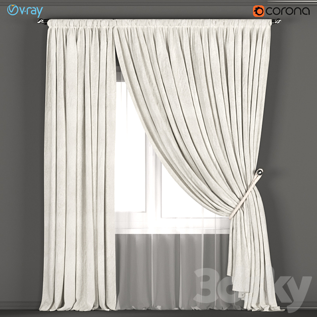 Neutral color curtains made of velvet with a garter on the rope + tulle. 3DSMax File - thumbnail 1