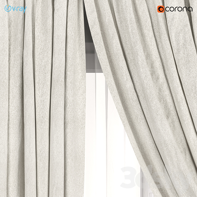 Neutral color curtains made of velvet with a garter on the rope + tulle. 3DSMax File - thumbnail 2