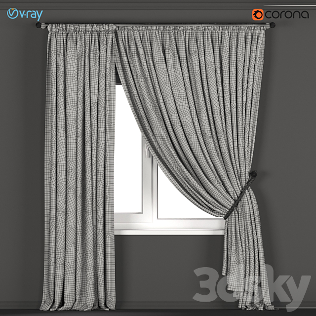 Neutral color curtains made of velvet with a garter on the rope + tulle. 3DSMax File - thumbnail 3