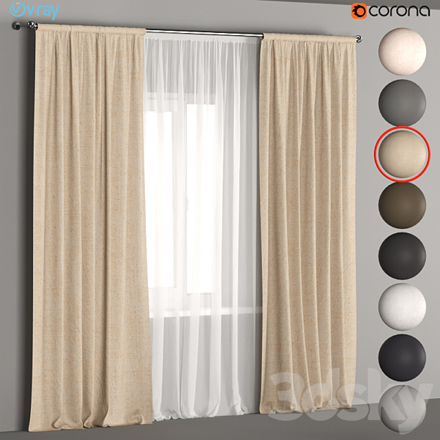 Linen curtains in 8 neutral colors with tulle. 3d