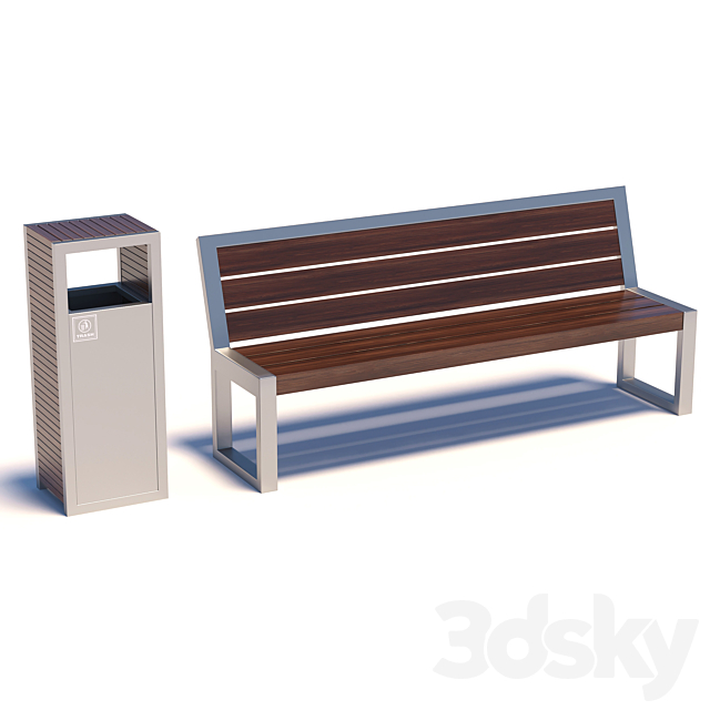 Street bench with trashcan 3DSMax File - thumbnail 1