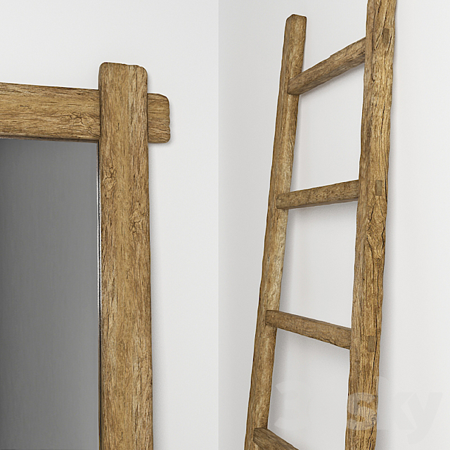 Mirror and stepladder in the style of country. Mirror and ladder in rustic style 3d