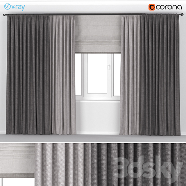 Brown thick wide curtains in two colors + Roman blinds. 3DSMax File - thumbnail 1