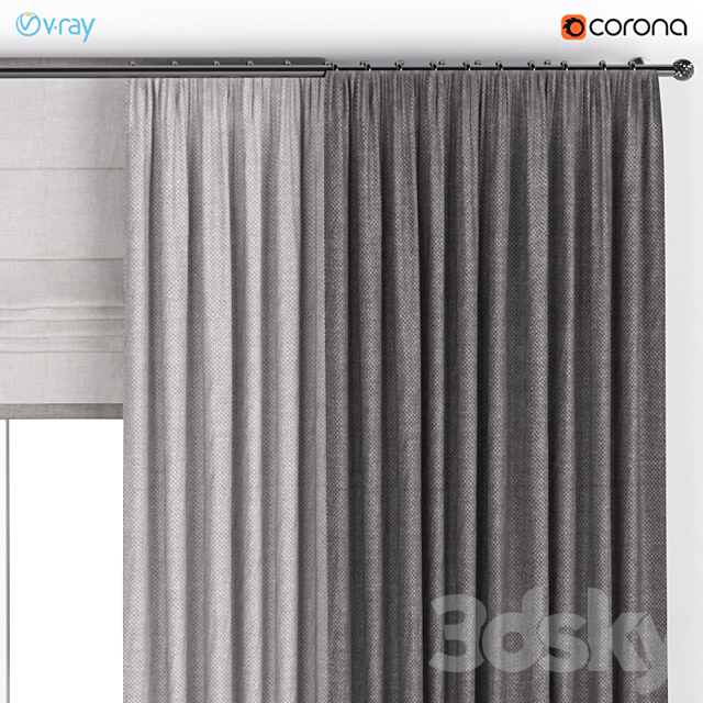 Brown thick wide curtains in two colors + Roman blinds. 3DSMax File - thumbnail 2
