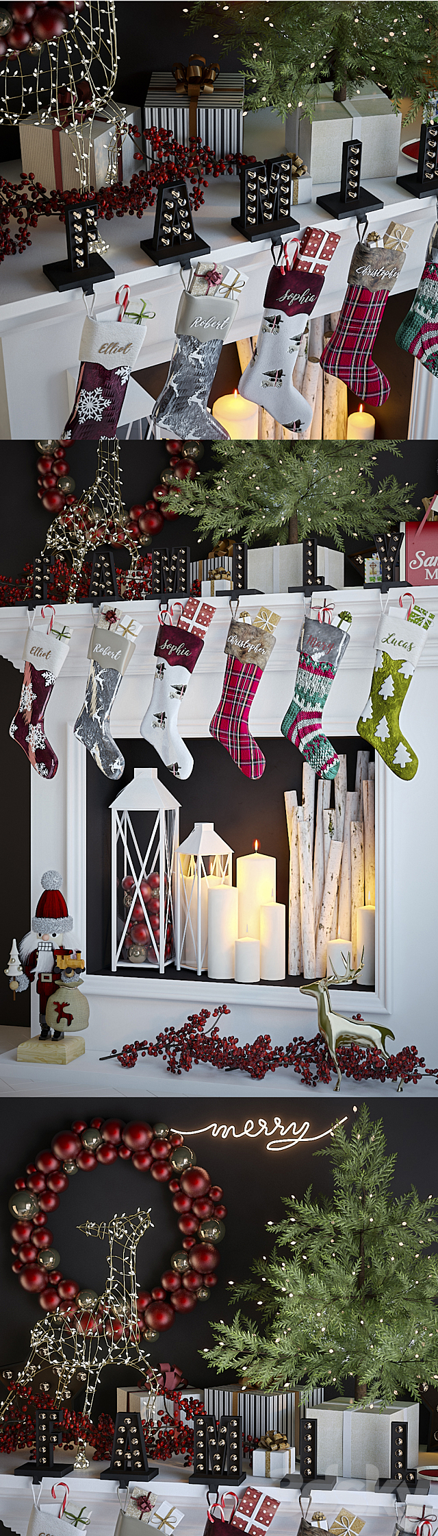 Artificial fireplace with Christmas decoration 5 3d