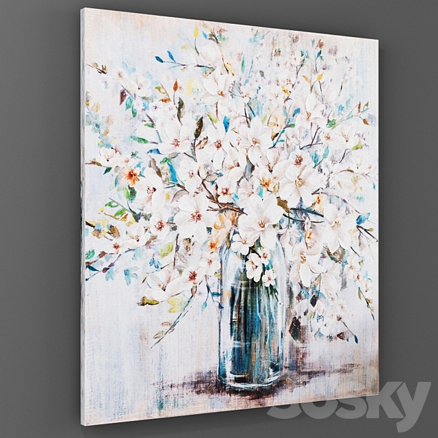 White and Blue Soft Floral Canvas Art Print Frame 3D Models