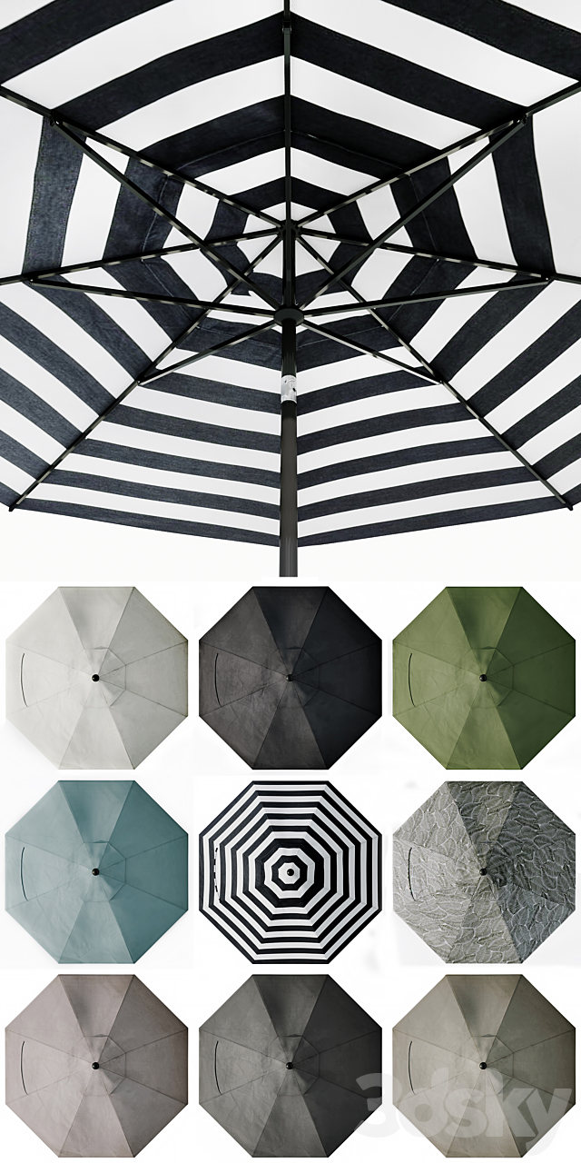 9′ Sunbrella Black Cabana Stripe Outdoor Patio Umbrella with Black Tilt Frame + Reviews 3DSMax File - thumbnail 2