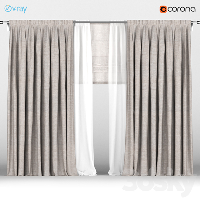 Brown curtains with white tulle + Roman blinds. 3DSMax File - thumbnail 1