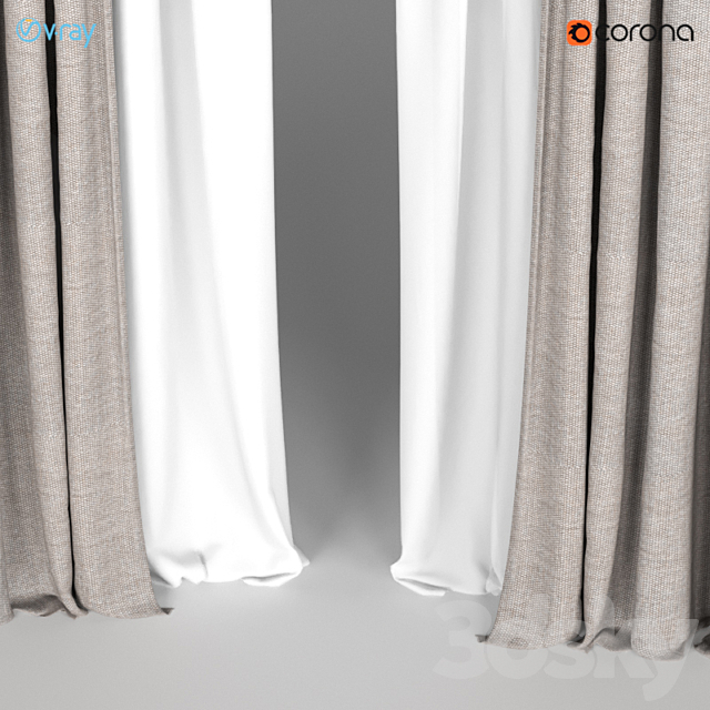 Brown curtains with white tulle + Roman blinds. 3DSMax File - thumbnail 3