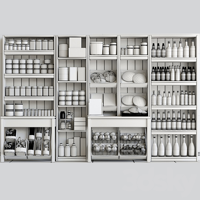 Rack with spices. alcohol and pastries in the supermarket 3d